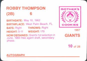 1987 Mother's Cookies San Francisco Giants #10 Robby Thompson Back