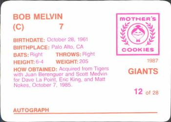 1987 Mother's Cookies San Francisco Giants #12 Bob Melvin Back