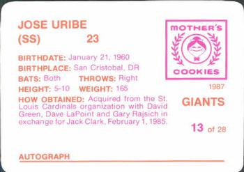 1987 Mother's Cookies San Francisco Giants #13 Jose Uribe Back