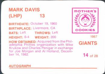 1987 Mother's Cookies San Francisco Giants #14 Mark Davis Back