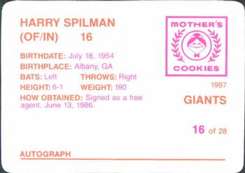 1987 Mother's Cookies San Francisco Giants #16 Harry Spilman Back