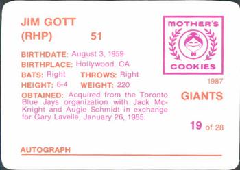 1987 Mother's Cookies San Francisco Giants #19 Jim Gott Back