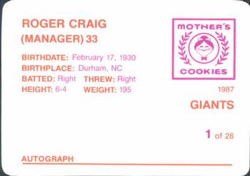1987 Mother's Cookies San Francisco Giants #1 Roger Craig Back