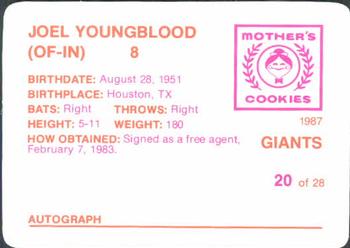 1987 Mother's Cookies San Francisco Giants #20 Joel Youngblood Back