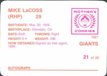 1987 Mother's Cookies San Francisco Giants #21 Mike LaCoss Back