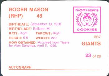 1987 Mother's Cookies San Francisco Giants #23 Roger Mason Back