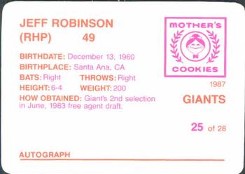 1987 Mother's Cookies San Francisco Giants #25 Jeff Robinson Back