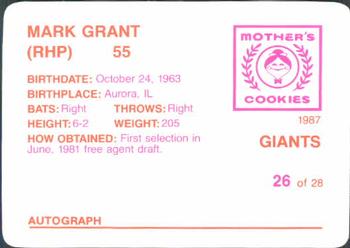 1987 Mother's Cookies San Francisco Giants #26 Mark Grant Back