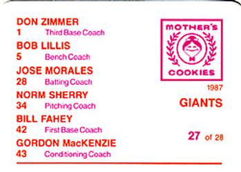 1987 Mother's Cookies San Francisco Giants #27 Giants Coaches (Don Zimmer / Bob Lillis / Jose Morales / Norm Sherry / Bill Fahey / Gordon MacKenzie) Back
