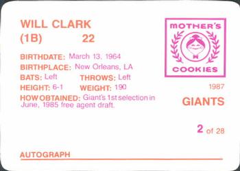 1987 Mother's Cookies San Francisco Giants #2 Will Clark Back