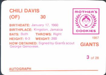 1987 Mother's Cookies San Francisco Giants #3 Chili Davis Back