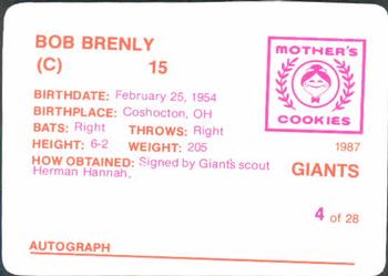 1987 Mother's Cookies San Francisco Giants #4 Bob Brenly Back