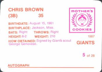 1987 Mother's Cookies San Francisco Giants #5 Chris Brown Back