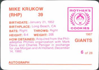 1987 Mother's Cookies San Francisco Giants #6 Mike Krukow Back