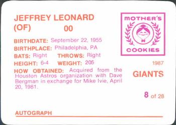 1987 Mother's Cookies San Francisco Giants #8 Jeffrey Leonard Back
