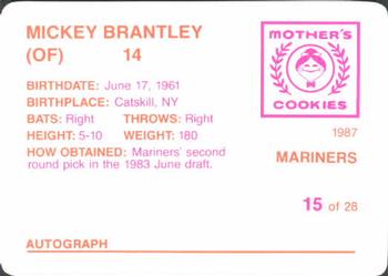 1987 Mother's Cookies Seattle Mariners #15 Mickey Brantley Back