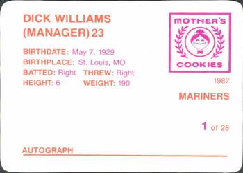 1987 Mother's Cookies Seattle Mariners #1 Dick Williams Back