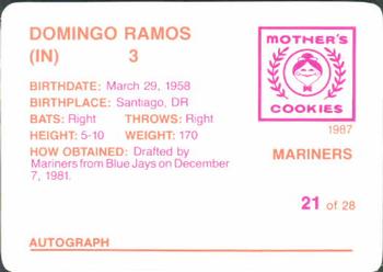1987 Mother's Cookies Seattle Mariners #21 Domingo Ramos Back
