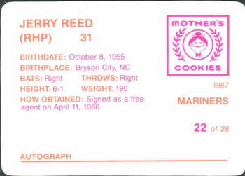1987 Mother's Cookies Seattle Mariners #22 Jerry Reed Back