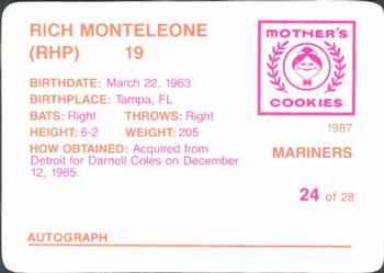 1987 Mother's Cookies Seattle Mariners #24 Rich Monteleone Back