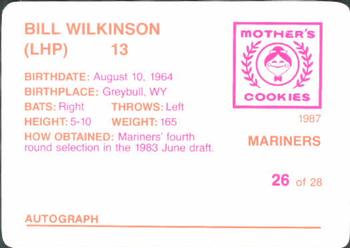 1987 Mother's Cookies Seattle Mariners #26 Bill Wilkinson Back