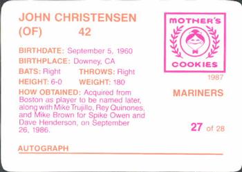 1987 Mother's Cookies Seattle Mariners #27 John Christensen Back