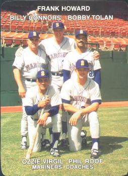 1987 Mother's Cookies Seattle Mariners #28 Coaches & Checklist (Billy Connors / Frank Howard / Bobby Tolan / Ozzie Virgil Sr. / Phil Roof) Front