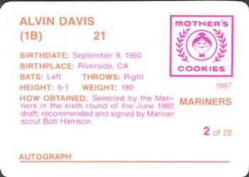 1987 Mother's Cookies Seattle Mariners #2 Alvin Davis Back