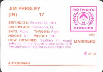 1987 Mother's Cookies Seattle Mariners #4 Jim Presley Back