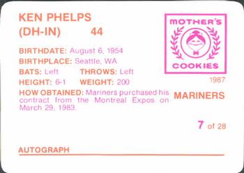 1987 Mother's Cookies Seattle Mariners #7 Ken Phelps Back