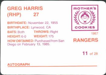 1987 Mother's Cookies Texas Rangers #11 Greg Harris Back