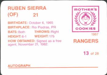 1987 Mother's Cookies Texas Rangers #13 Ruben Sierra Back