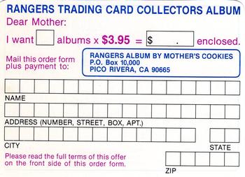 1987 Mother's Cookies Texas Rangers #NNO Collectors Album Offer Back