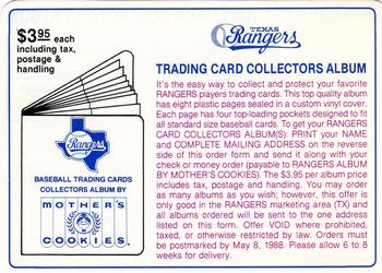 1987 Mother's Cookies Texas Rangers #NNO Collectors Album Offer Front