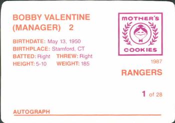 1987 Mother's Cookies Texas Rangers #1 Bobby Valentine Back