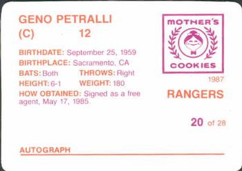 1987 Mother's Cookies Texas Rangers #20 Geno Petralli Back