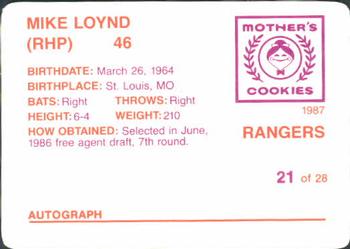 1987 Mother's Cookies Texas Rangers #21 Mike Loynd Back