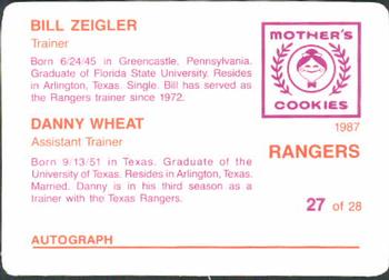 1987 Mother's Cookies Texas Rangers #27 Trainers (Bill Ziegler / Danny Wheat) Back