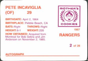 1987 Mother's Cookies Texas Rangers #2 Pete Incaviglia Back