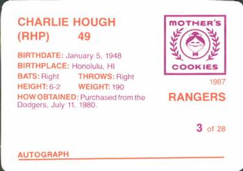 1987 Mother's Cookies Texas Rangers #3 Charlie Hough Back