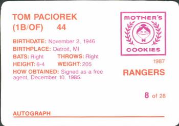 1987 Mother's Cookies Texas Rangers #8 Tom Paciorek Back