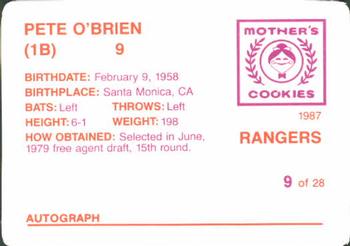 1987 Mother's Cookies Texas Rangers #9 Pete O'Brien Back