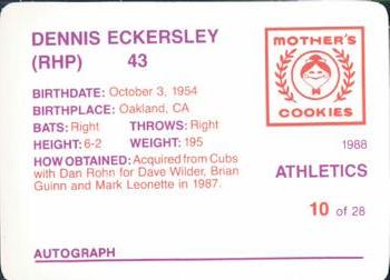 1988 Mother's Cookies Oakland Athletics #10 Dennis Eckersley Back