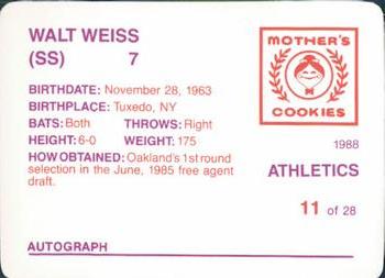 1988 Mother's Cookies Oakland Athletics #11 Walt Weiss Back