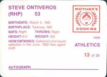 1988 Mother's Cookies Oakland Athletics #13 Steve Ontiveros Back