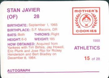 1988 Mother's Cookies Oakland Athletics #15 Stan Javier Back