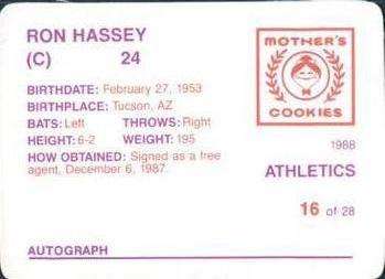 1988 Mother's Cookies Oakland Athletics #16 Ron Hassey Back