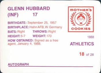 1988 Mother's Cookies Oakland Athletics #18 Glenn Hubbard Back