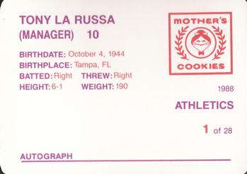 1988 Mother's Cookies Oakland Athletics #1 Tony La Russa Back