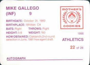1988 Mother's Cookies Oakland Athletics #22 Mike Gallego Back